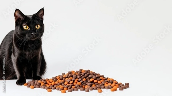 Obraz Black cat next to food on white background
