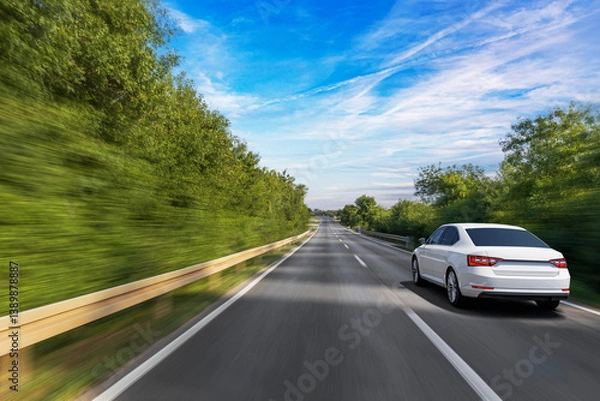 Obraz A white sedan drives swiftly down a forest-lined highway under a bright blue sky, with motion blur capturing the speed and freedom of the journey.