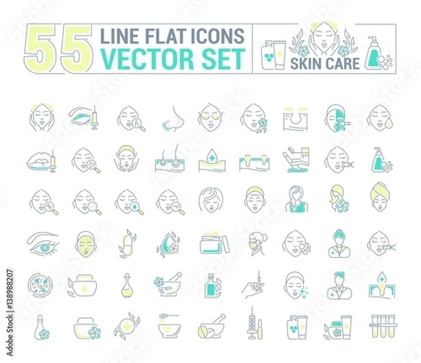 Fototapeta Vector graphic set.Icons in flat, contour,thin and linear design.Cosmetology. Skin care.Simple isolated icons.Concept illustration for Web site app.Sign,symbol,element.