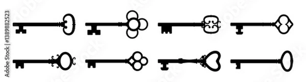 Fototapeta Classic victorian style keys set with curved handle and aged weathered finish. Vector realistic vintage tools and instruments for home, items for opening doors. Luxurious room passkeys silhouettes