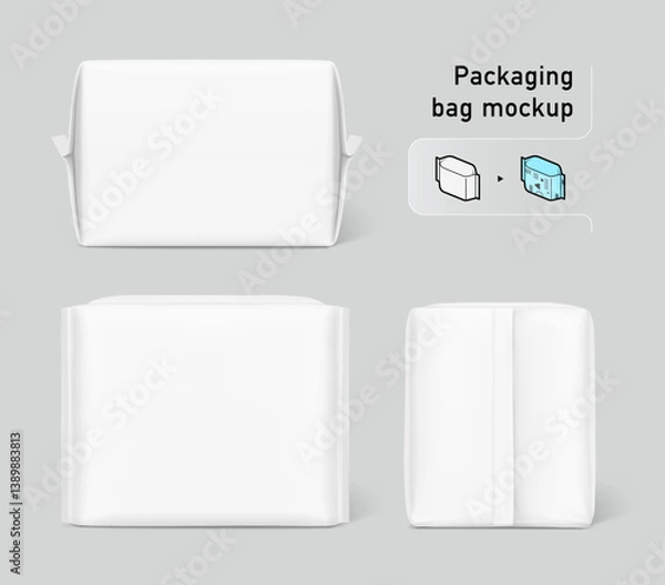 Fototapeta Packaging bag mockup. Front, flat lay and side views. Vector illustration isolated on white background. Ready for your design. Suite for the presentation of pads, diaper, wipes, etc. EPS10.