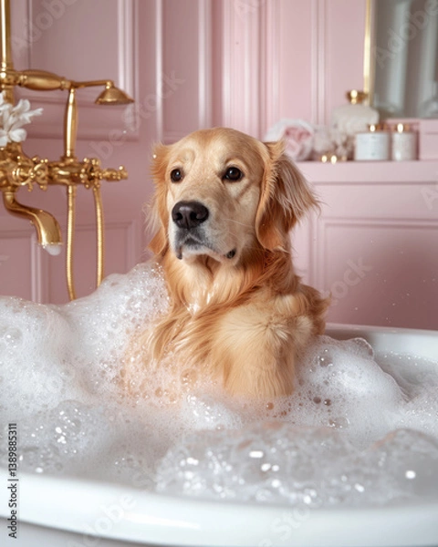 Fototapeta Spa day for a dog in a fancy pink bathroom with warm tones, golden fixtures, and a tub filled with