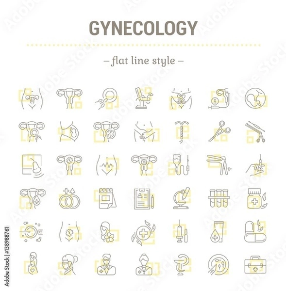 Fototapeta Vector graphic set.Icons in flat, contour,thin, minimal and linear design.Gynecology, gynecological problem and disease.Simple isolated icons.Concept illustration for Web site app.Sign,symbol,element.