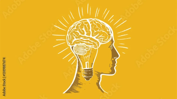 Obraz Innovative Concept of Human Brain with Light Bulb in Yellow Silhouette - EPS Vector Illustration for Creative Thinking and Intelligence