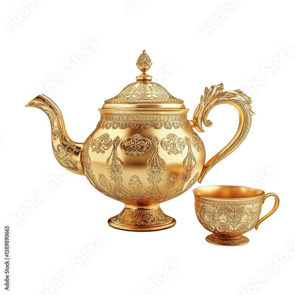 Fototapeta Ornate Gold Teapot and Teacup Set Isolated on Transparent Background