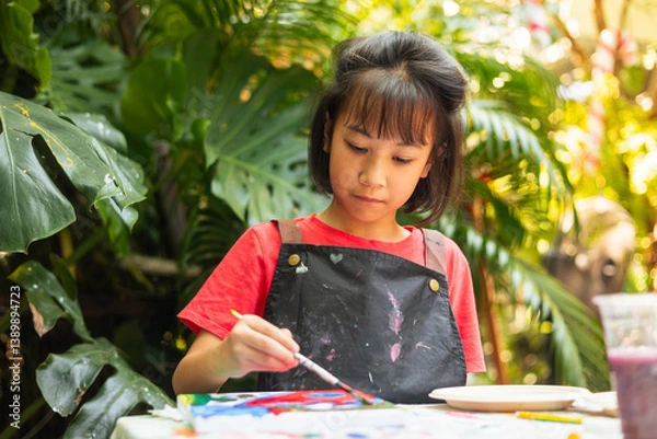 Fototapeta Asian young girl painting at an easel, in creativity and artistic expression, against natural backdrop. It highlights outdoor painting, art education, and the joy for promoting child creativity.