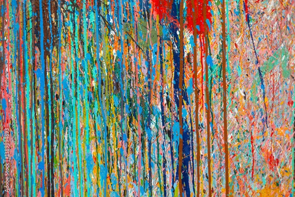 Fototapeta Dynamic abstract art features bold paint splatters and drip painting, creating a textured, vibrant color composition for artistic expression, modern art, and creative splash in designs and posters.