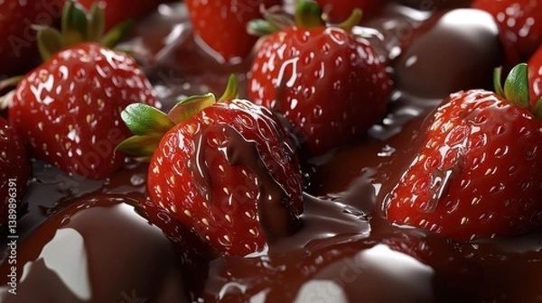Fototapeta A close-up of strawberries coated in glossy chocolate sauce, placed on a solid color background with a smooth finish, highlighting the fruit natural shine.