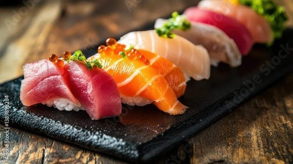 Fototapeta A close-up of various sashimi pieces on a stylish black plate, each piece of fish perfectly sliced, with vibrant colors and a minimalist presentation.