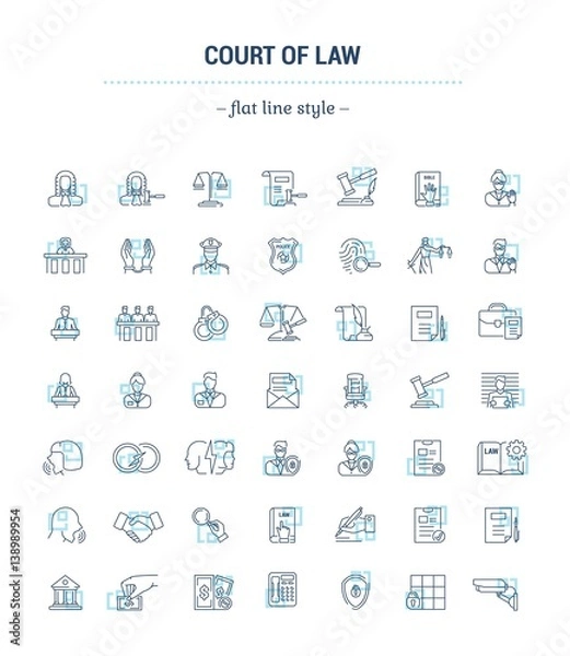 Fototapeta Vector graphic set. Icons in flat, contour, thin, minimal and linear design.Court. Judge. Trial. Simple icons on white background.Concept illustration for Web site, app.Sign, symbol, emblem.