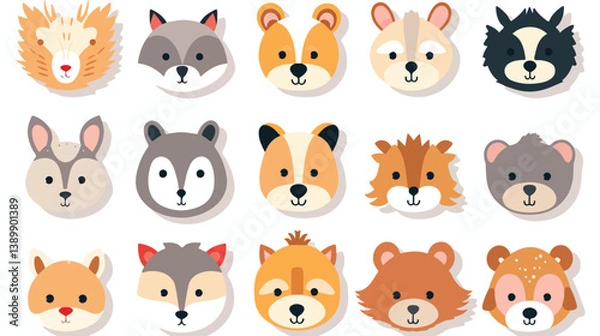 Fototapeta Collection of Adorable Stickers of Wild Animal Faces - Weasel, Hyena, Bear