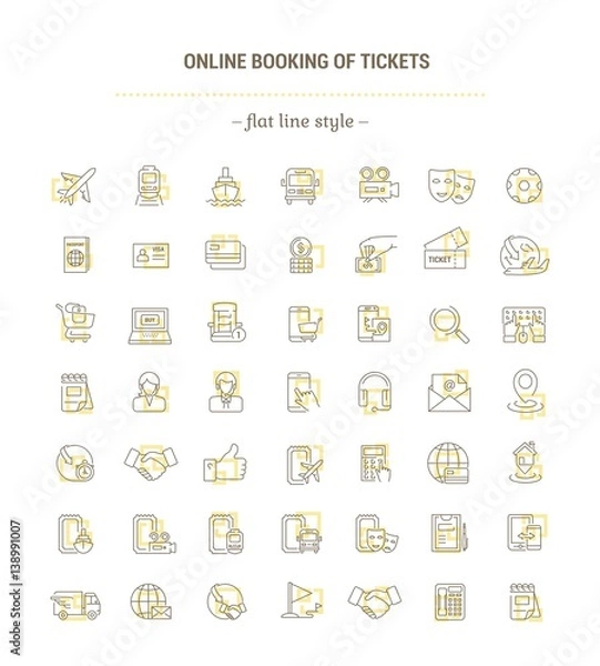 Fototapeta Vector graphic set. Icons in flat, contour, thin, minimal and linear design.Online ticket booking. Internet service.E-commerce, shopping.Simple isolated icons.Concept for Web site, app.Sign, symbol.