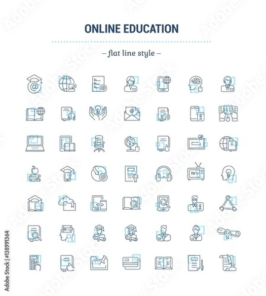 Fototapeta Vector graphic set. Icons in flat, contour,thin, minimal and linear design. Online education and training. Modern teaching. Simple isolated icons.Concept for web site and app. Sign,symbol,element.