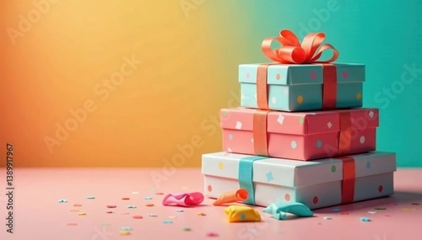 Fototapeta Colorful gift box stacked on a plain surface with wrapping paper scattered around, decorative items, colorful gift, birthday gift