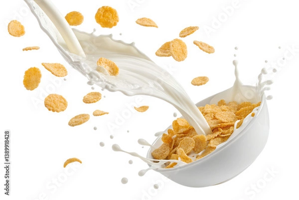 Obraz falling Corn flakes with pouring milk isolated on transparent background psd