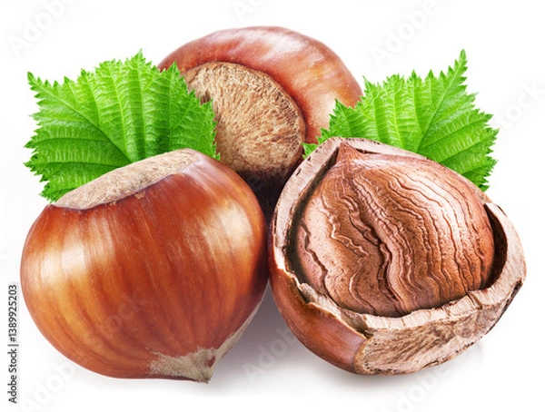 Fototapeta Hazelnuts or filberts, split of hazelnut kernel and green leaves on white background.