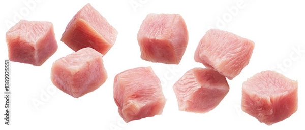 Fototapeta Set of different raw turkey meat pieces levitating in air on white. File contains clipping paths.