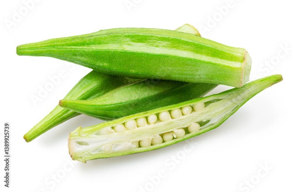 Fototapeta Set of okra green seed pods, and longitudinal cut of okra pod and slices isolated on white background. File contains clipping paths.