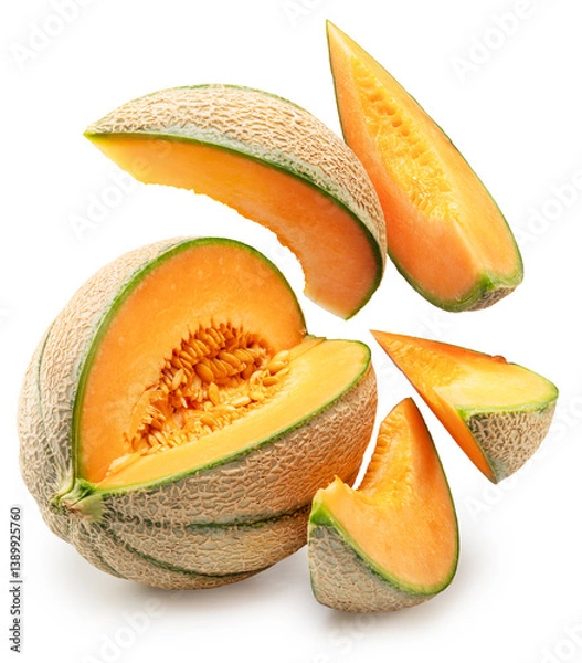 Fototapeta Cantaloupe melon and melon slices fly off it isolated on white background. File contains clipping paths.