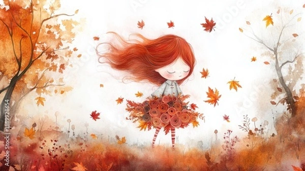 Fototapeta A charming stock image featuring a whimsical illustration of a girl surrounded by autumn leaves. The image conveys a sense of seasonal beauty, childhood wonder, and the magic of autumn,