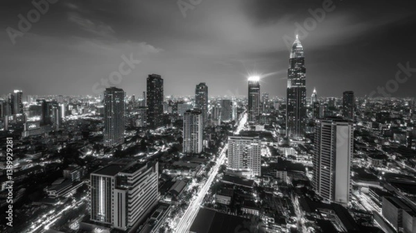 Fototapeta Night city skyline view, illuminated skyscrapers, urban landscape, aerial perspective, use for stock photo of urban architecture