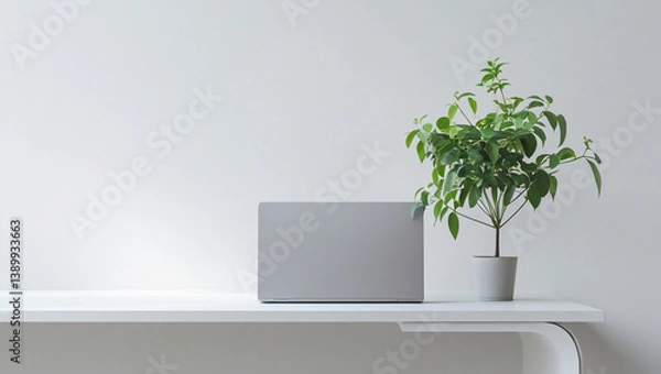 Obraz A minimalist workspace with a sleek desk, a laptop, and a simple plant, white background