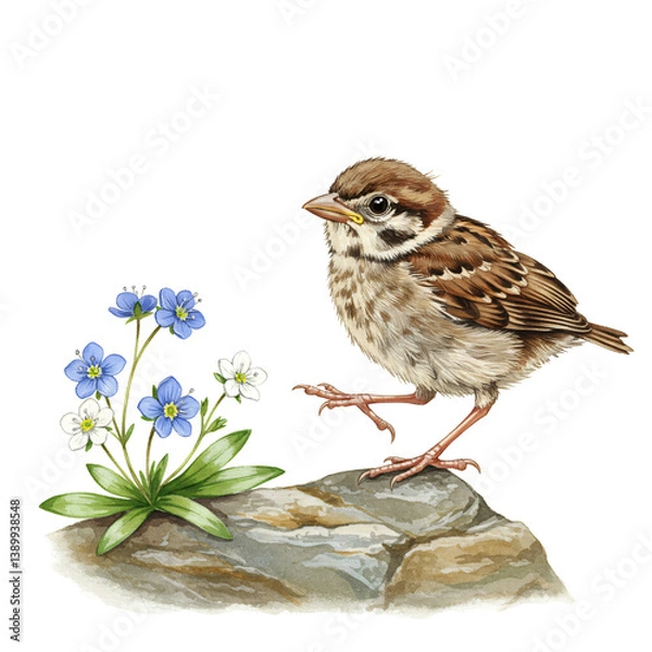 Fototapeta A sparrow perched on a rock next to blue and white forget me not flowers
