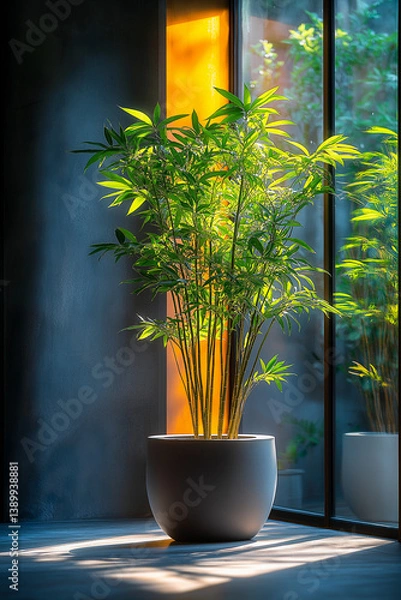 Fototapeta Shinto-style tree with light green leaves by modern office building at night