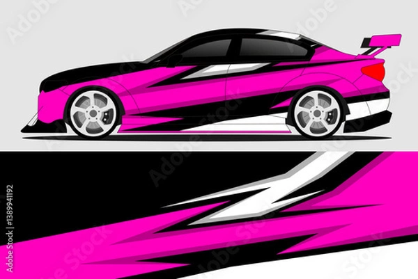 Fototapeta Vibrant pink and black racing car design showcasing sleek profile and dynamic graphics against a neutral background
