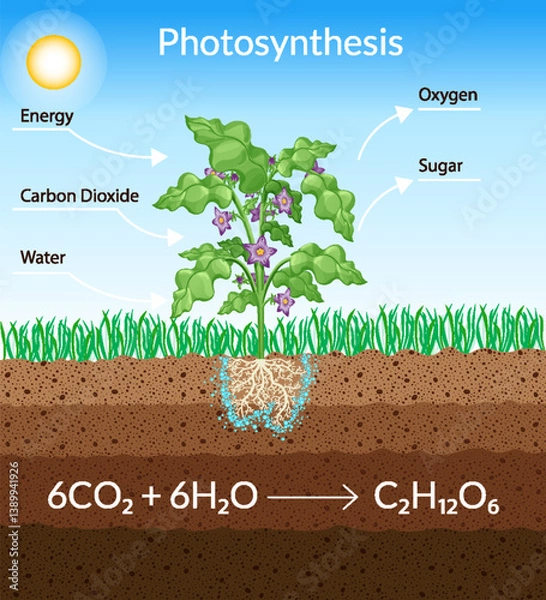Fototapeta Photosynthesis process. Tree produce oxygen using rain and sun. Diagram showing process of photosynthesis in plant. Colorful biology scheme for education in flat style