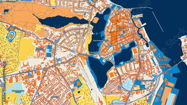 Fototapeta Colorful Stralsund Street Map with Labels and Buildings