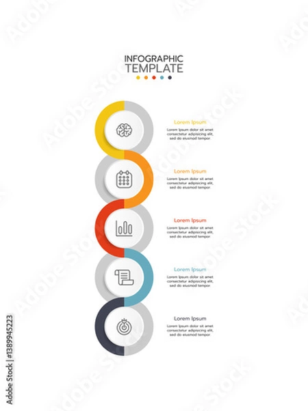 Obraz 5 Elements placed in vertical row. Concept of 5 successive steps of project development process. Flat infographic design template. Simple vector illustration for business analytics.