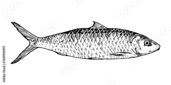 Obraz Vector illustration of a herring fish in black and white. This hand drawn sketch features detailed engraving. Perfect for seafood packaging, culinary designs and marine themes