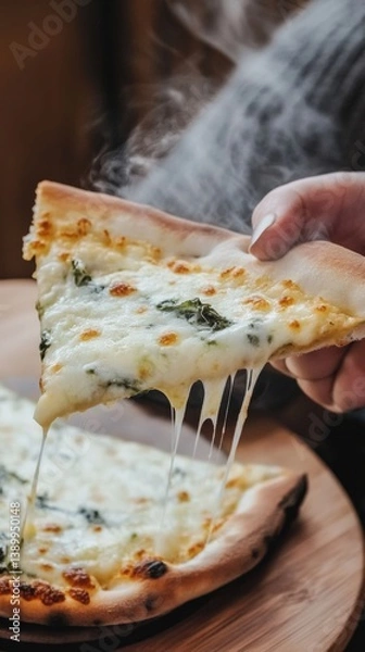 Obraz Delicious cheesy pizza slice with fresh spinach, featuring melting mozzarella, ideal for Italian food enthusiasts craving authentic flavors.