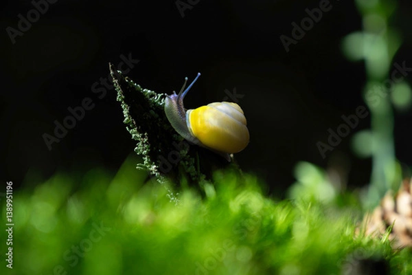 Fototapeta Snail with snail shell on an old tree trunk with green lichen and moss in the forest. Natural landscape on the forest floor. 