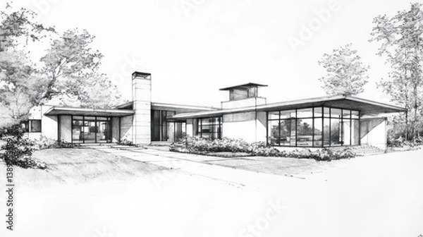Fototapeta Modern House Architectural Sketch; Exterior Design Concept