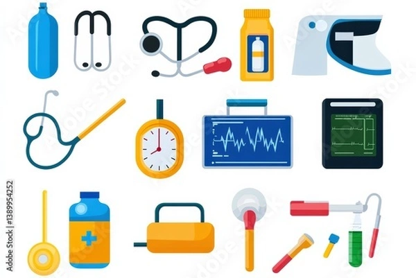 Obraz Explore essential medical equipment illustrations, featuring stethoscope, monitor, and more, highlighting healthcare technology innovations and tools.