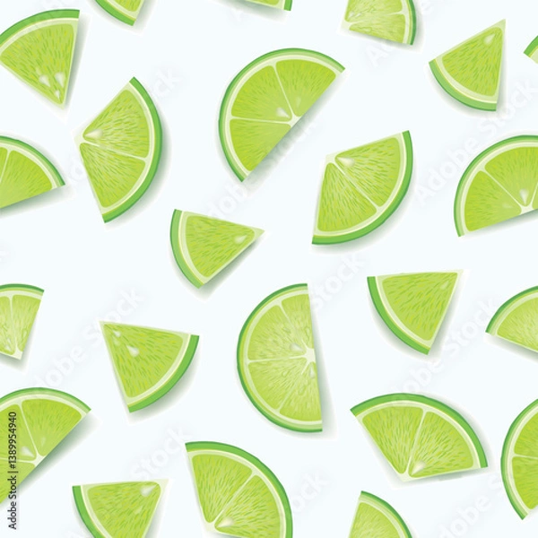 Fototapeta Citrus lime fruit  slice with shadows seamless pattern. Fresh healthy food background drawn in realistic style