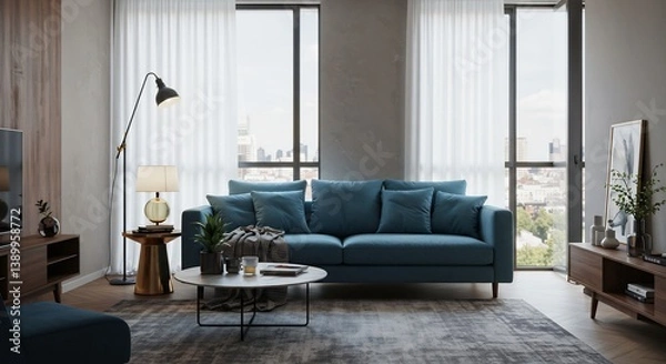 Fototapeta 都会的モダンリビング 深い青のソファ 柔らかな光が差し込む