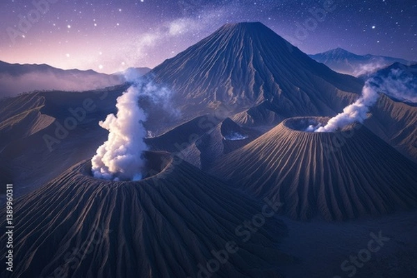 Obraz Stunning volcanic landscape at twilight showcasing erupting craters and majestic peaks, creating a mesmerizing natural wonder in pristine wilderness.