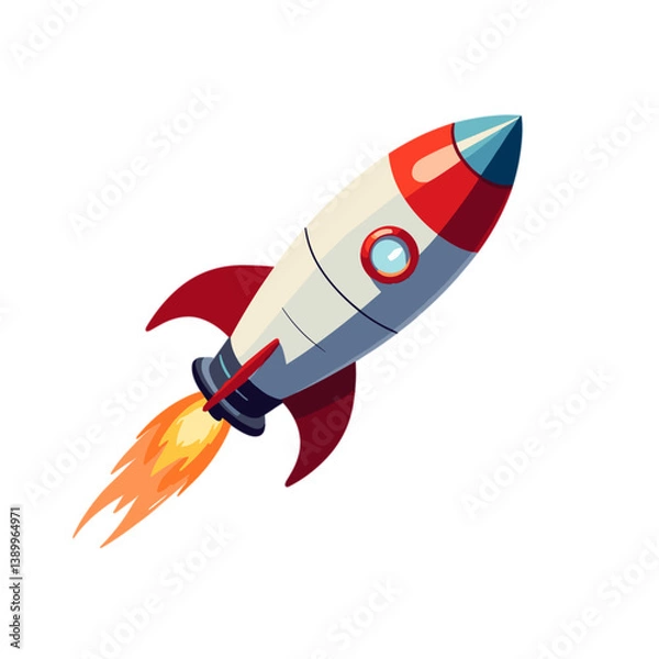 Fototapeta Colorful cartoon rocket flying upwards with fiery trail  