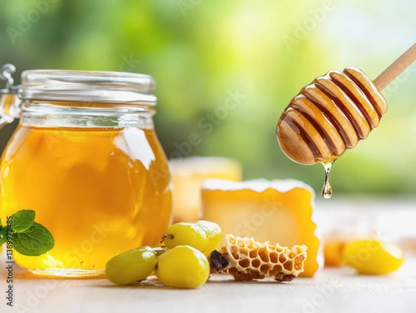 Fototapeta Beautifully crafted cheese selection with honeycomb and assorted honeys served on a wooden board for gourmet enjoyment