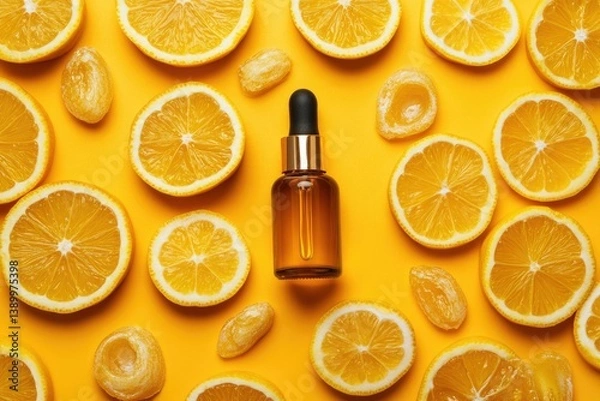 Fototapeta Lemon-scented essential oil in a dropper bottle surrounded by lemon slices on a yellow background.