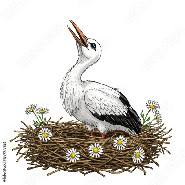 Fototapeta Illustration of a stork standing in a nest with daisies around it