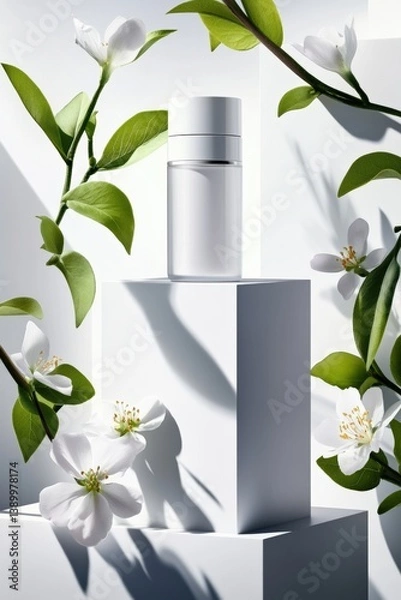 Obraz Elegant fragrance bottle surrounded by blooming flowers, showcasing luxury perfume design and freshness. Enhance your scent experience today.