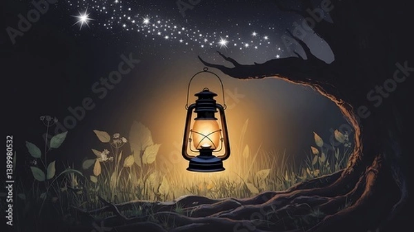 Fototapeta Colonial Lantern Glowing in the Darkness with Stars Above, Symbolizing the Enduring Hope and Sacrifice of Revolutionary Patriots