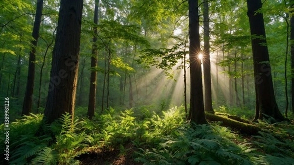 Fototapeta Rays of sunlight in a green forest
