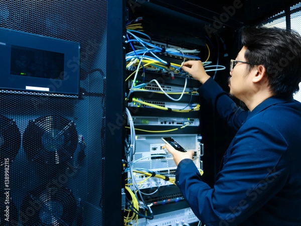 Fototapeta Technician Configures Network Equipment in Server Room