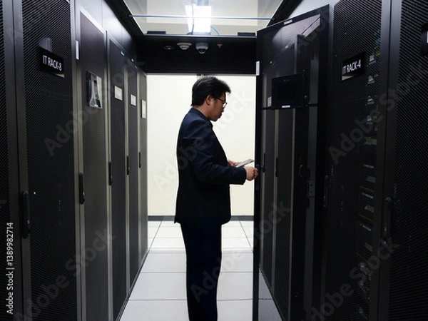 Fototapeta Professional IT Technician Working in Data Center