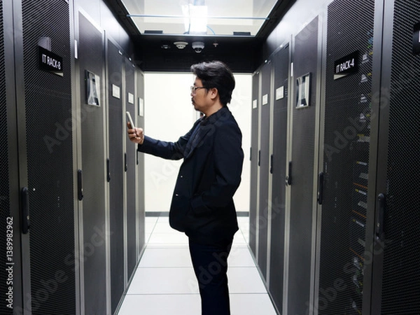 Fototapeta IT Professional in Data Center with Server Racks